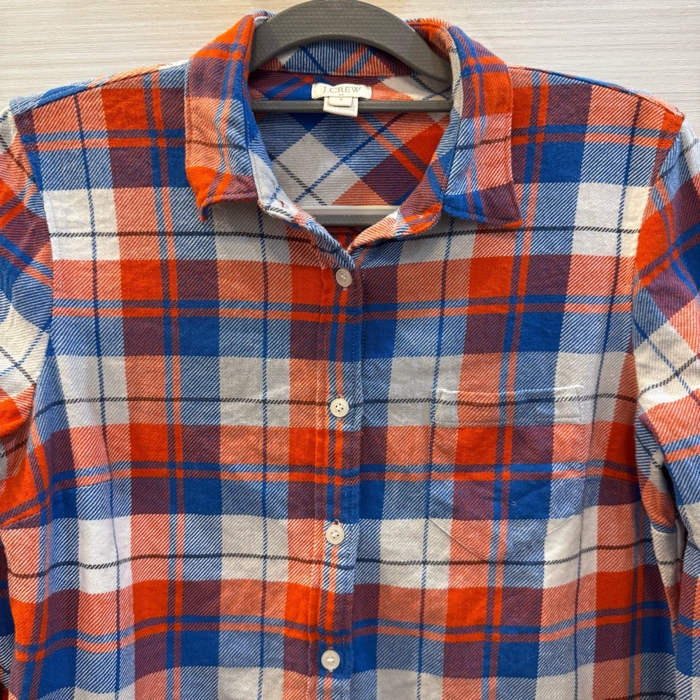 J. Crew Plaid Cotton Flannel Button-Down Shirt Orange, White and Royal Blue sz S